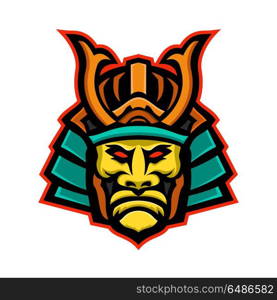 Samurai Warrior Head Mascot. Mascot icon illustration of head of a Samurai warrior wearing a Mengu or Mempo, a types of facial armour viewed from front on isolated background in retro style.. Samurai Warrior Head Mascot