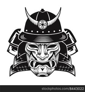 Samurai with black mask. Japanese fighter flat image.  Vintage vector illustration. Military art and design elements concept