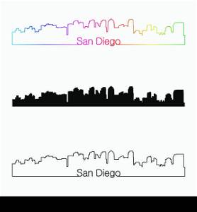 San Diego skyline linear style with rainbow in editable vector file