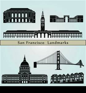 San Francisco landmarks and monuments isolated on blue background in editable vector file