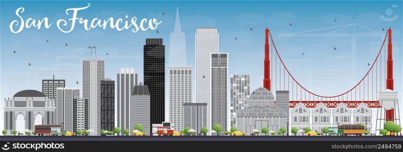 San Francisco Skyline with Gray Buildings and Blue Sky. Vector Illustration. Business Travel and Tourism Concept with Modern Buildings. Image for Presentation Banner Placard and Web Site.