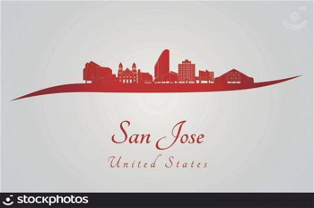 San Jose skyline in red and gray background in editable vector file
