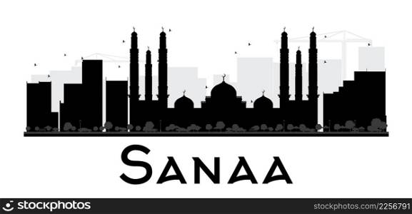 Sanaa City skyline black and white silhouette. Vector illustration. Simple flat concept for tourism presentation, banner, placard or web site. Business travel concept. Cityscape with landmarks