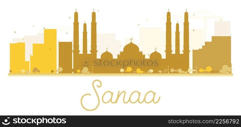 Sanaa City skyline golden silhouette. Vector illustration. Simple flat concept for tourism presentation, banner, placard or web site. Business travel concept. Cityscape with landmarks