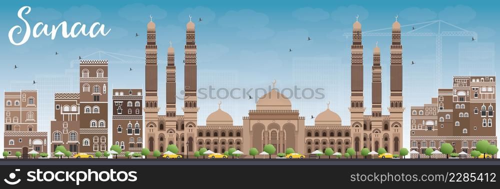 Sanaa (Yemen) Skyline with Brown Buildings and Blue Sky. Vector Illustration. Business Travel and Tourism Concept with Historic Buildings. Image for Presentation Banner, Placard and Web Site.