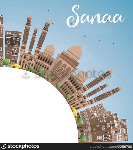 Sanaa (Yemen) Skyline with Brown Buildings and Copy Space. Vector Illustration. Business Travel and Tourism Concept with Historic Buildings. Image for Presentation Banner, Placard and Web Site.