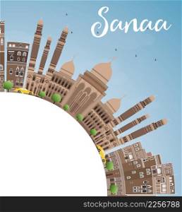 Sanaa (Yemen) Skyline with Brown Buildings and Copy Space. Vector Illustration. Business Travel and Tourism Concept with Historic Buildings. Image for Presentation Banner, Placard and Web Site.