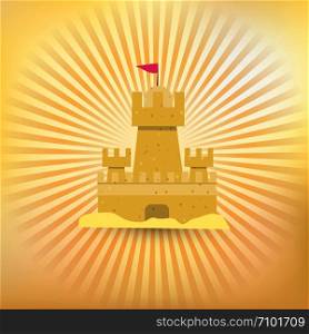 Sand Castle, Sandcastle on Background with Radial Sun Rays, Sunburst Pattern, Flyer, Party Invitation, Poster Design, Tropical Vacation Greeting Card, Summer Postcard. Cartoon Flat vector Illustration. Sand Castle, Summer Background with Sandcastle