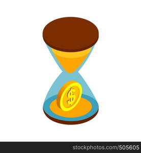 Sand clock with gold dust and coins icon in isometric 3d style on a white background. Time is money . Sand clock with gold dust and coins icon