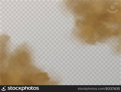 Sand cloud. Mud dust splashes, 3d dirty soil particles. Allergic pollution, sandy brown air smoke or sandstorm vector background. Sand cloud. Mud dust splashes, 3d dirty soil particles. Allergic pollution, sandy air smoke vector background
