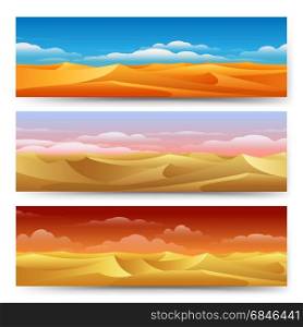 Sand dunes banners set. Sand dunes panorama landscape set. Desert banners freedom tranquility yellow nature vector illustration