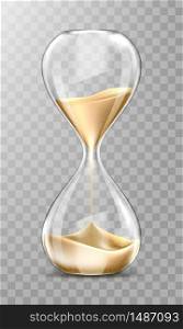 Sand hourglass, glass timer with falling golden grains. Vector realistic sand clock isolated on transparent background. Vintage watch for countdown hour or minutes. Running time or deadline concept. Vector realistic hourglass, transparent sand clock