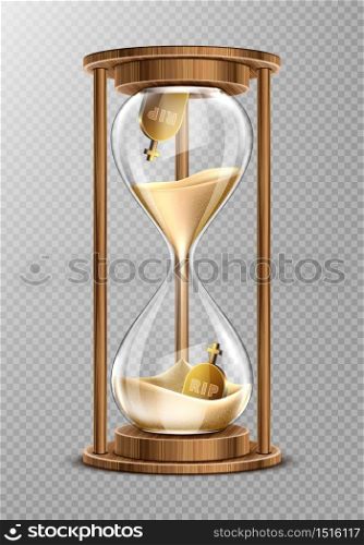 Sand hourglass in wooden frame with gravestones inside. Concept of short life. Vector realistic sand clock, glass timer with flowing grains and tombstones isolated on transparent background. Sand hourglass in wooden frame with gravestones