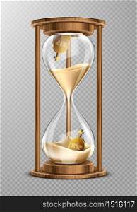 Sand hourglass in wooden frame with gravestones inside. Concept of short life. Vector realistic sand clock, glass timer with flowing grains and tombstones isolated on transparent background. Sand hourglass in wooden frame with gravestones
