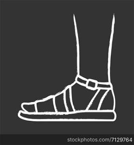 Sandals chalk icon. Woman stylish footwear design. Female casual shoes, modern summer flats with ankle strap side view. Ladies clothing accessory. Isolated vector chalkboard illustration