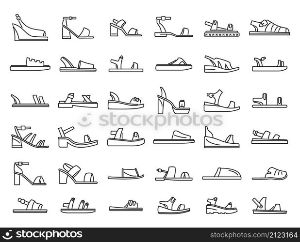 Sandals icons set outline vector. Foot shoes. Feet accessory. Sandals icons set outline vector. Foot shoes