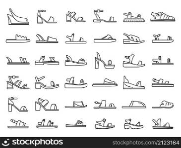 Sandals icons set outline vector. Foot shoes. Feet accessory. Sandals icons set outline vector. Foot shoes