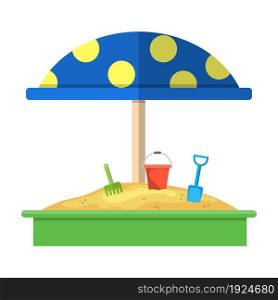 Sandbox with red dotted umbrella icon, Bucket, rake and shovel. vector illustration in flat design. Sandbox with red dotted umbrella icon