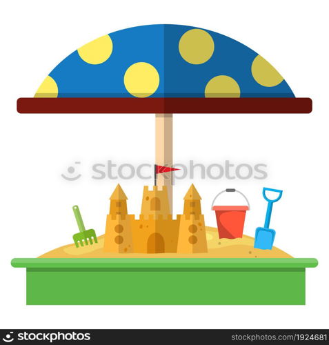 Sandbox with red dotted umbrella icon, Bucket, rake, sandcastle and shovel. vector illustration in flat design. Sandbox with red dotted umbrella icon