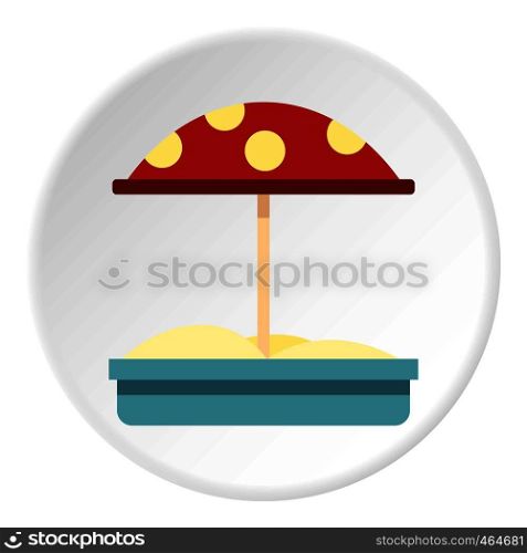 Sandbox with red dotted umbrella icon in flat circle isolated vector illustration for web. Sandbox with red dotted umbrella icon circle