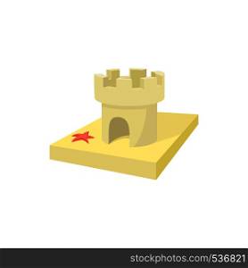 Sandcastle icon in cartoon style on a white background. Sandcastle icon, cartoon style