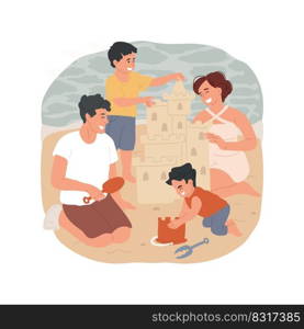 Sandcastle isolated cartoon vector illustration. Happy family building a sandcastle, child using bucket and a scoop, making tower from sand, beach activity, summer holiday vector cartoon.. Sandcastle isolated cartoon vector illustration.