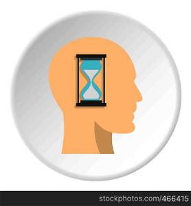 Sandglass inside a man head icon in flat circle isolated on white background vector illustration for web. Sandglass inside a man head icon circle