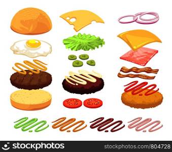 Sandwich and burger food ingredients cartoon vector set. Illustration of cheeseburger and hamburger, ingredient bread and cucumber, cheese and meat. Sandwich and burger food ingredients cartoon vector set