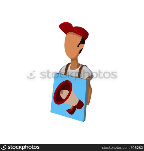 Sandwich board man icon, cartoon style, isolated on white. Street advertising concept. Sandwich board man icon, cartoon, on white