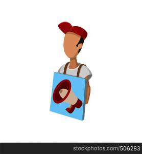 Sandwich board man icon, cartoon style, isolated on white. Street advertising concept. Sandwich board man icon, cartoon, on white