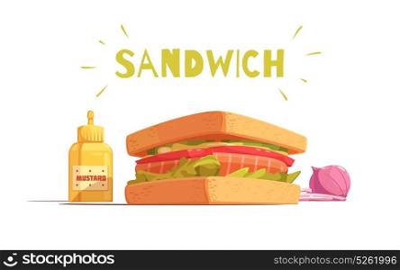 Sandwich Cartoon Design. Sandwich cartoon design with toasts salmon tomato salad sliced onion and mustard on white background vector illustration