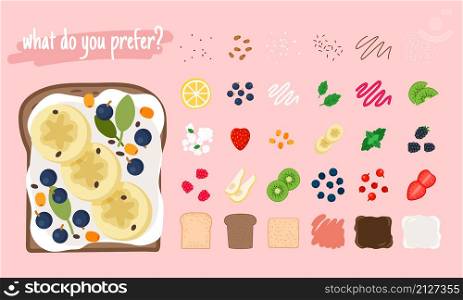 Sandwich ingredients. Cartoon slice food of lemon and kiwi, fresh mint and bananas, strawberries and pears, vector illustration elements for tasty fruit burger. Cartoon sandwich ingredients