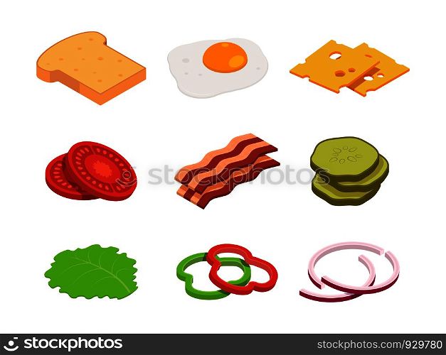 Sandwich isometric. Constructor of food with various ingredients. Sandwich food, cheese and tomato for hamburger, lunch bread for cheeseburger illustration. Sandwich isometric. Constructor of food with various ingredients