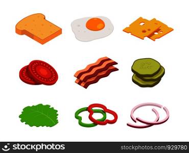 Sandwich isometric. Constructor of food with various ingredients. Sandwich food, cheese and tomato for hamburger, lunch bread for cheeseburger illustration. Sandwich isometric. Constructor of food with various ingredients
