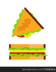 Sandwich made of bread, tomatoes and lettuce, snack collection, small slice in triangular form, vector illustrations set isolated on white background.. Sandwich Made of Bread Set Vector Illustration