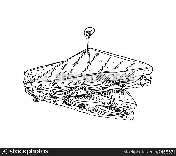 Sandwich monochrome sketch outline icon. Roasted bread with vegetables, salad leaves cheese and meat. Nutrition take away meal vector illustration. Sandwich Monochrome Sketch Vector Illustration
