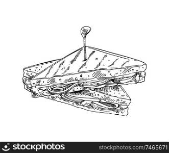 Sandwich monochrome sketch outline icon. Roasted bread with vegetables, salad leaves cheese and meat. Nutrition take away meal vector illustration. Sandwich Monochrome Sketch Vector Illustration