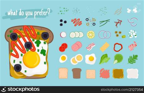 Sandwiches elements. Cartoon ingredients for tasty burger and hamburger, vector illustration slice of food of toasted chicken and cheese, fresh tomato and onions, grilled eggs and b. Sandwiches cartoon elements
