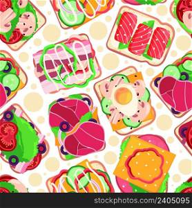 Sandwiches pattern. Healthy natural snack with vegetables on bread slices breakfast food vegetarian meal garish vector seamless background. Illustration of breakfast sandwich, healthy food pattern. Sandwiches pattern. Healthy natural snack with vegetables on bread slices breakfast food vegetarian meal garish vector seamless background