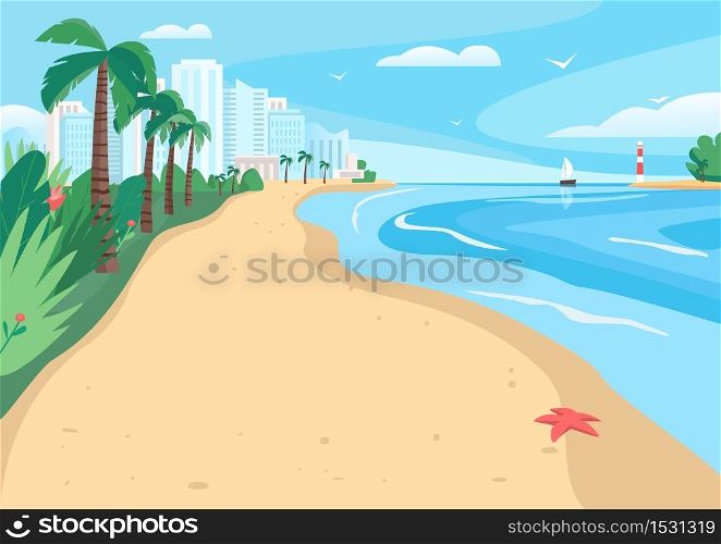 Sandy beach flat color vector illustration. Coastline with skyscrapers and tropical palms. Exotic summer seafront 2D cartoon landscape with modern city buildings on background . ZIP file contains: EPS, JPG. If you are interested in custom design or want to make some adjustments to purchase the product, don&rsquo;t hesitate to contact us! bsd@bsdartfactory.com. Sandy beach flat vector illustration