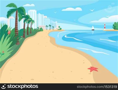 Sandy beach flat color vector illustration. Coastline with skyscrapers and tropical palms. Exotic summer seafront 2D cartoon landscape with modern city buildings on background . ZIP file contains: EPS, JPG. If you are interested in custom design or want to make some adjustments to purchase the product, don&rsquo;t hesitate to contact us! bsd@bsdartfactory.com. Sandy beach flat vector illustration