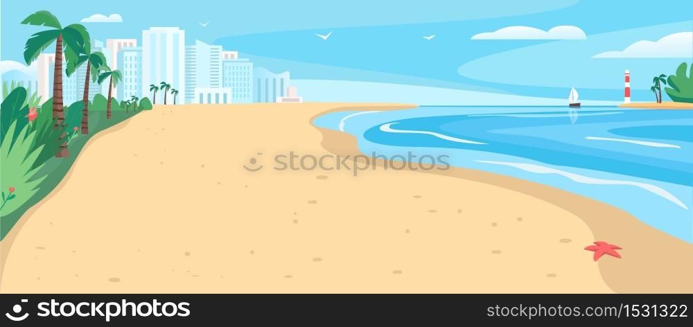 Sandy beach flat color vector illustration. Tropical sea resort. Coastline with skyscrapers and palm trees. Exotic seashore 2D cartoon landscape with modern city buildings on background. Sandy beach flat color vector illustration