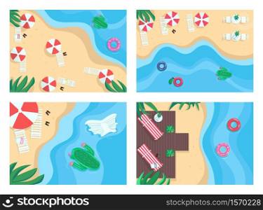 Sandy beaches flat color vector illustration set. Tropical holidays. Summer recreation places. Inflatables and beach parasols. 2D cartoon landscape with nature on background collection. Sandy beaches flat color vector illustration set