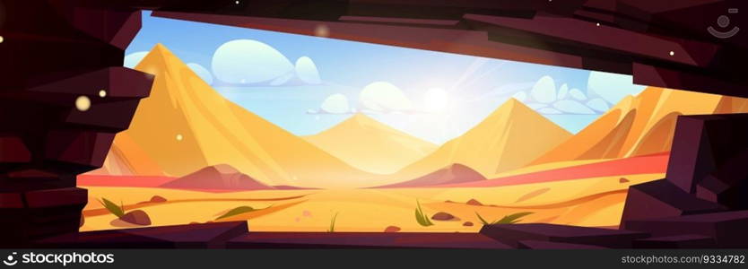 Sandy desert with ancient pyramids, view from dark stone cave. Vector cartoon illustration of antique pharaoh tombs, sand dune landscape under hot summer sun in blue sky. Adventure game background. Sandy desert with ancient pyramids, view from cave