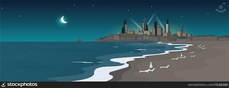 Sandy urban beach at night flat color vector illustration. Sea shore and buildings at midnight. Resort town view. Summertime recreation. Ocean coast 2D cartoon landscape with skyscrapers on background. Sandy urban beach at night flat color vector illustration