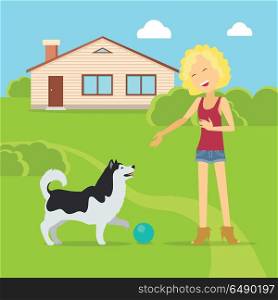 Sanguine Temperament Type Girl with Dog.. Sanguine temperament type girl playing on the yard with her adorable dog. Happy and cheerful woman having fun with pet. Optimistic and social person near native home. Vector illustration in flat style