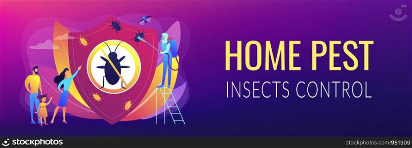 Sanitary domestic disinfection. Chemical treatment insects. Home pest insects control, vermin exterminator service, insect thrips equipment concept. Header or footer banner template with copy space.. Home pest insects control concept banner header