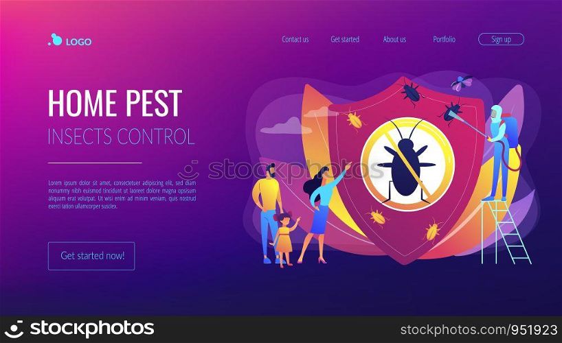 Sanitary domestic disinfection. Chemical treatment insects. Home pest insects control, vermin exterminator service, insect thrips equipment concept. Website homepage landing web page template.. Home pest insects control concept landing page