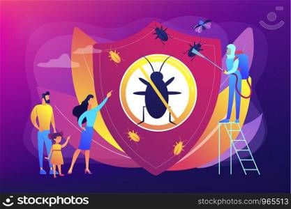 Sanitary domestic disinfection. Chemical treatment insects. Home pest insects control, vermin exterminator service, insect thrips equipment concept. Bright vibrant violet vector isolated illustration. Home pest insects control concept vector illustration