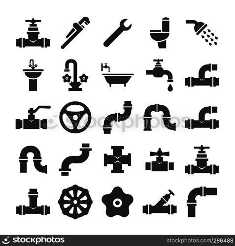 Sanitary engeneering, valve, pipe, plumbing service objects icons collection. Faucet and plumbing valve, pipe water and tube for drain. Vector illustration. Sanitary engeneering, valve, pipe, plumbing service objects icons collection